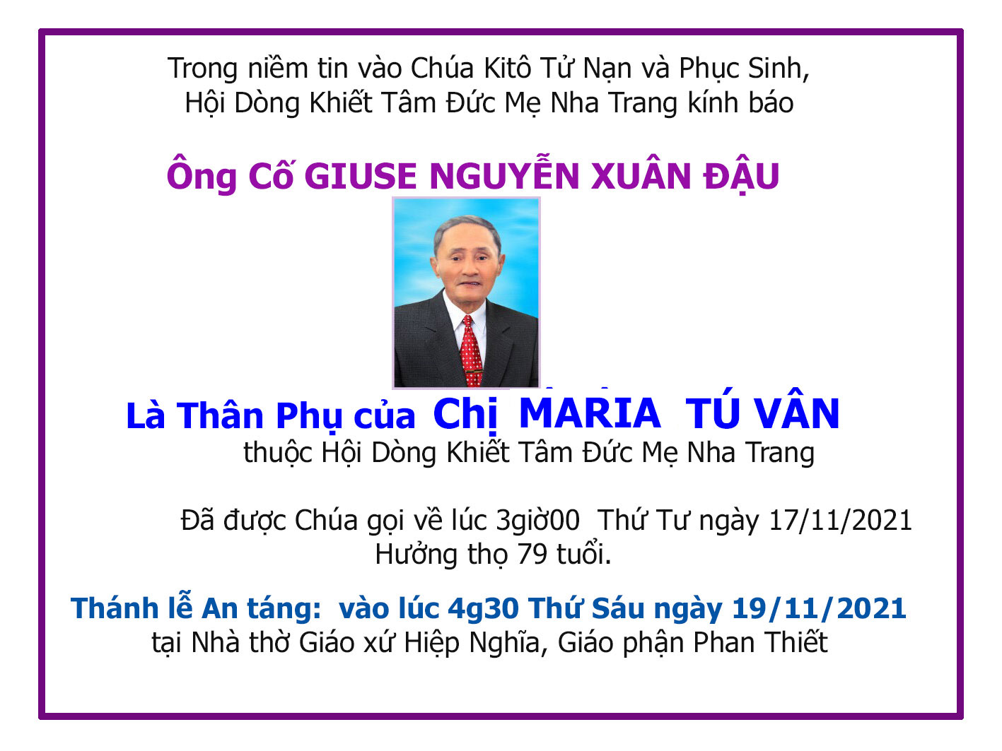 Ai tín: Thân Phụ của chị Maria Tú Vân vừa được Chúa gọi về