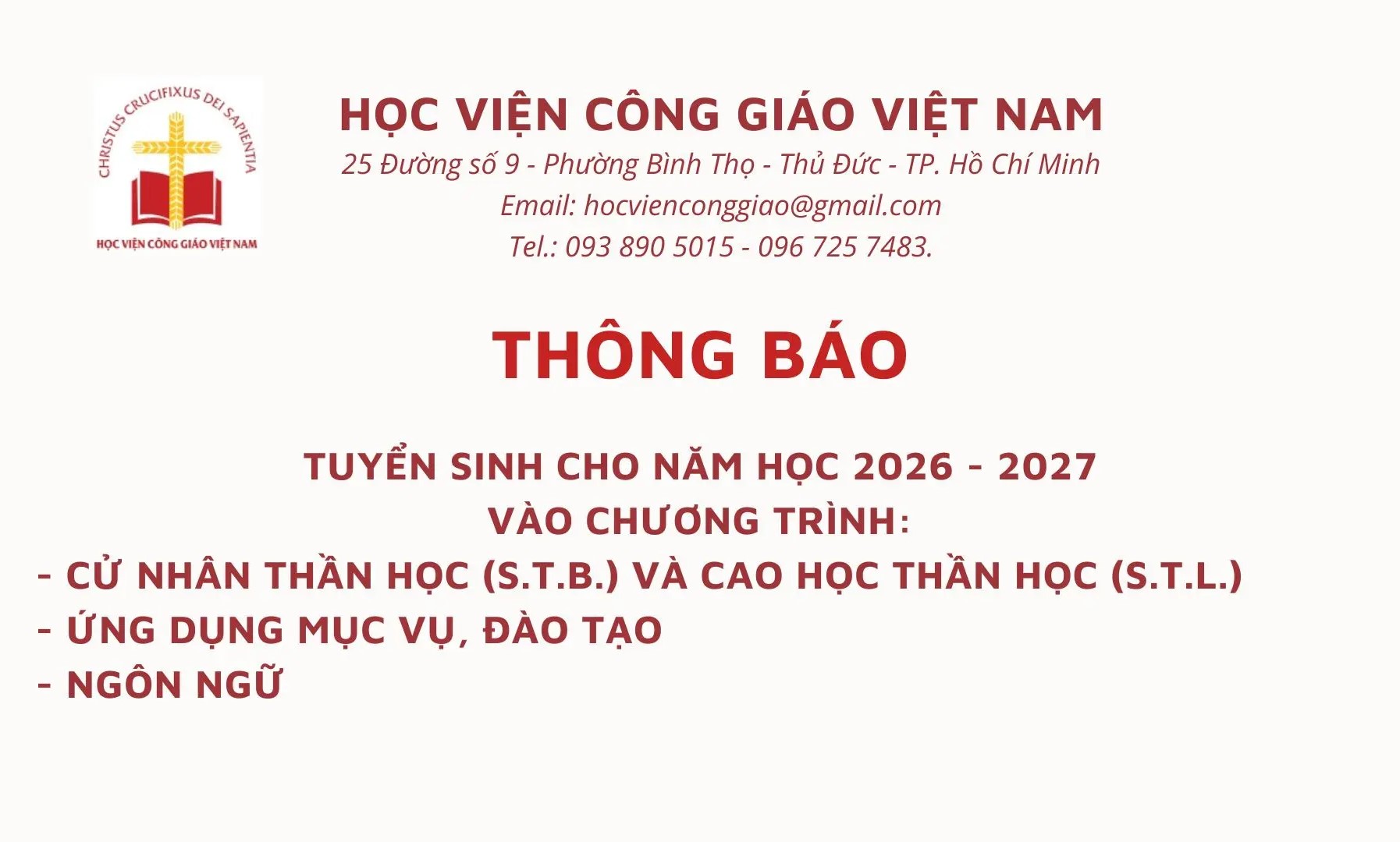 Học viện Công Giáo Việt Nam thông báo tuyển sinh chương trình Thần học, Mục vụ và Ngôn ngữ năm 2026